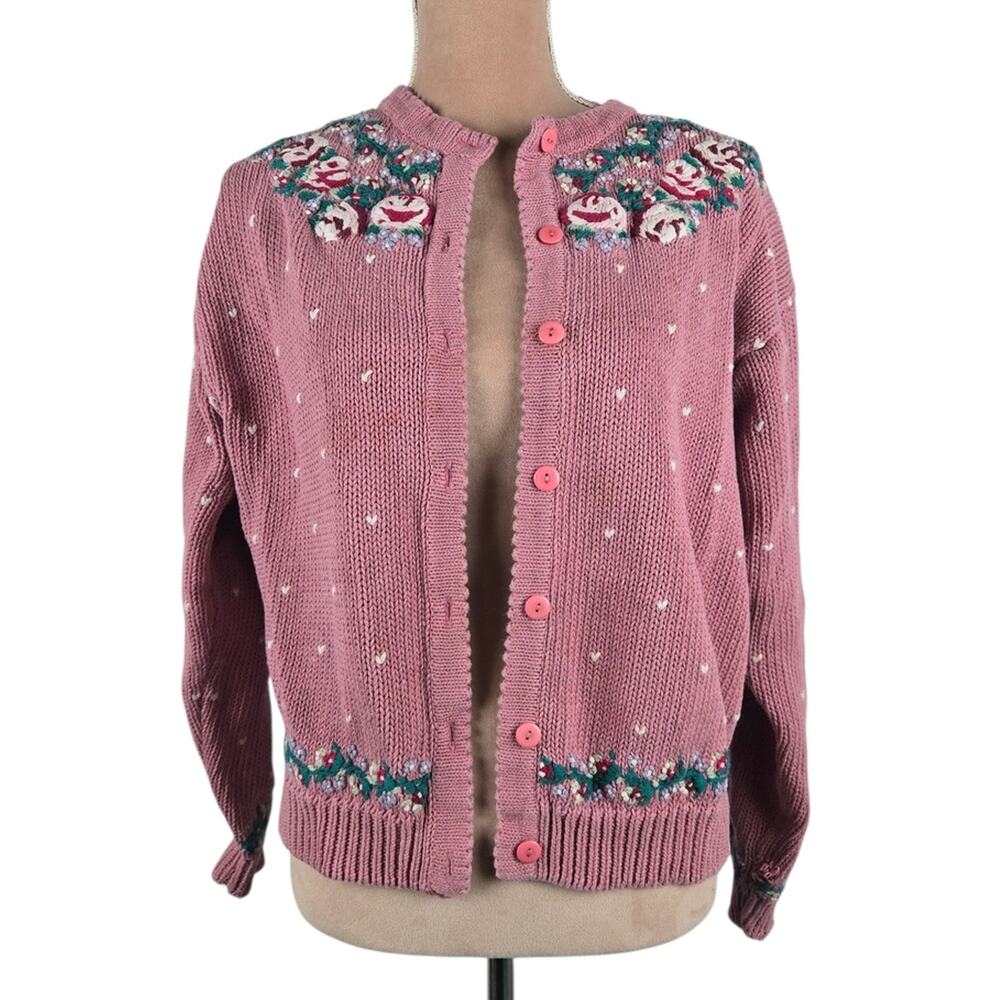 Cape Isle Knitters Embroidered Floral Cardigan Vintage 90s Pink Medium